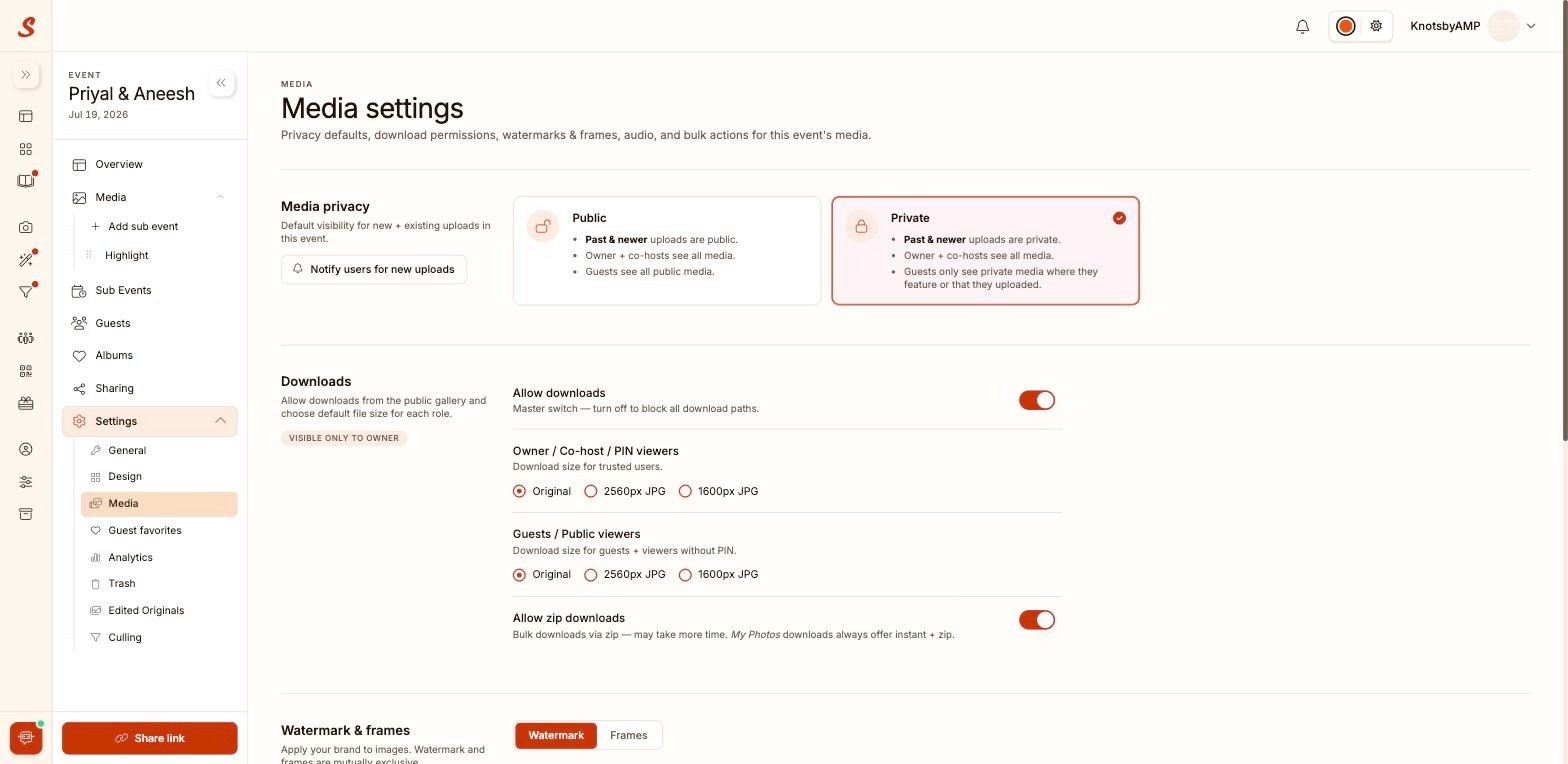 Samaro Media settings overview showing public and private media privacy options and download permission controls