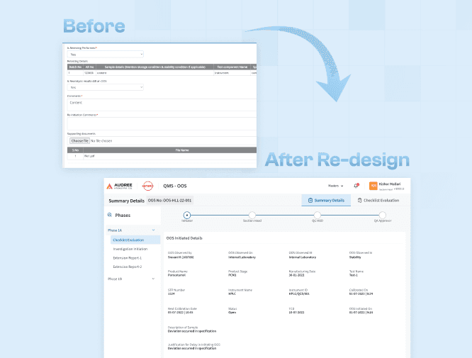 OOS software old and new redesign screens