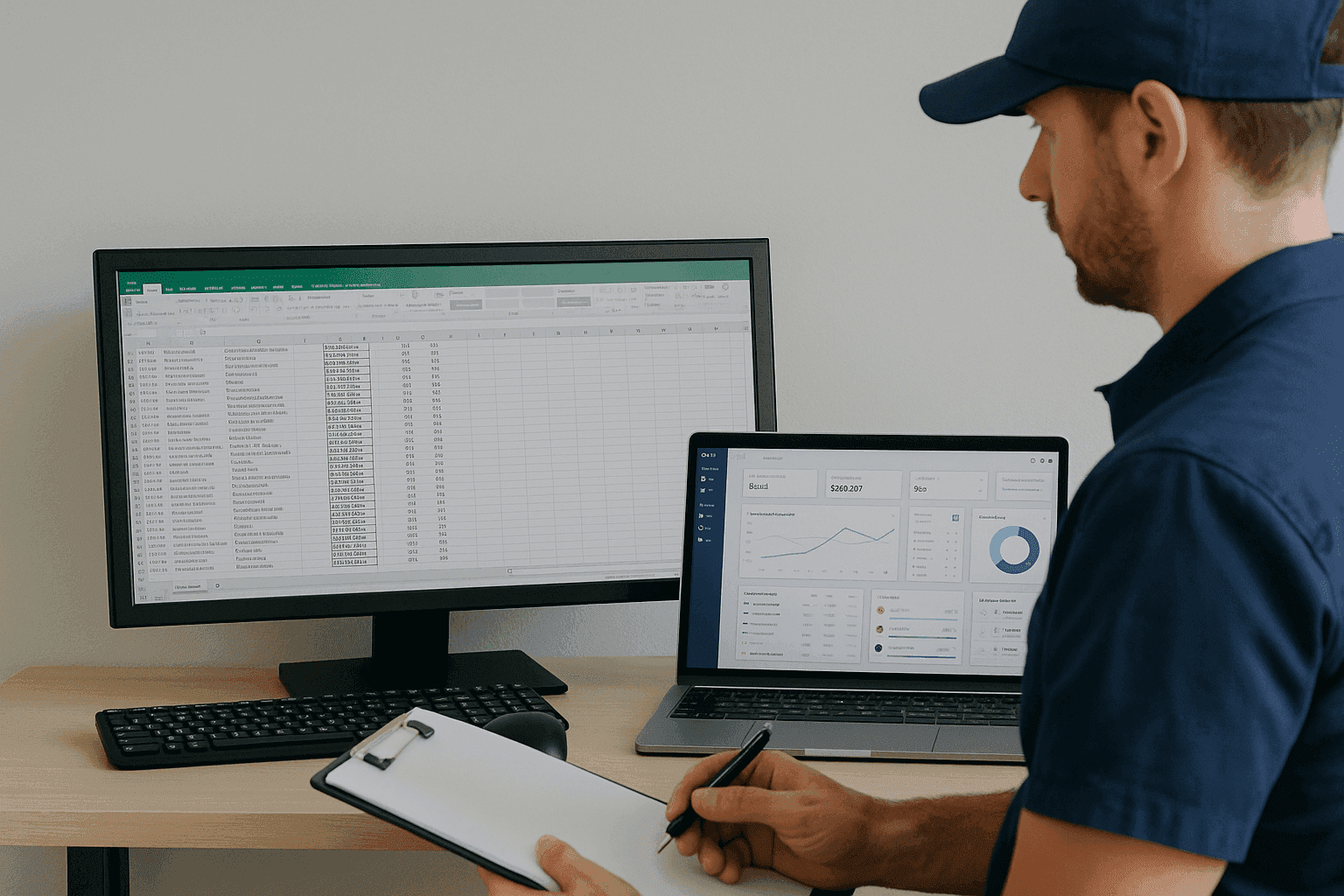 Man reviewing data on computer and laptop, holding clipboard