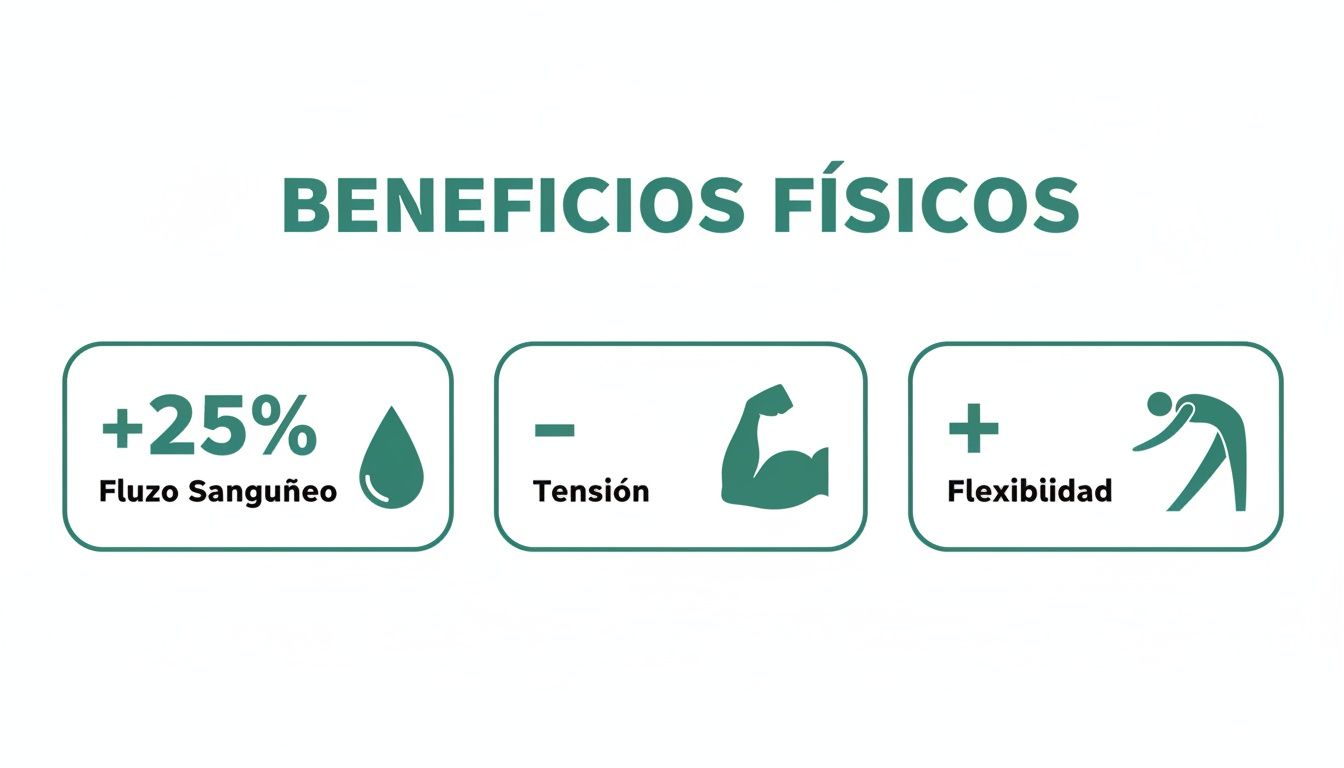 Ilustración de beneficios físicos: aumento del flujo sanguíneo, reducción de tensión y mayor flexibilidad.
