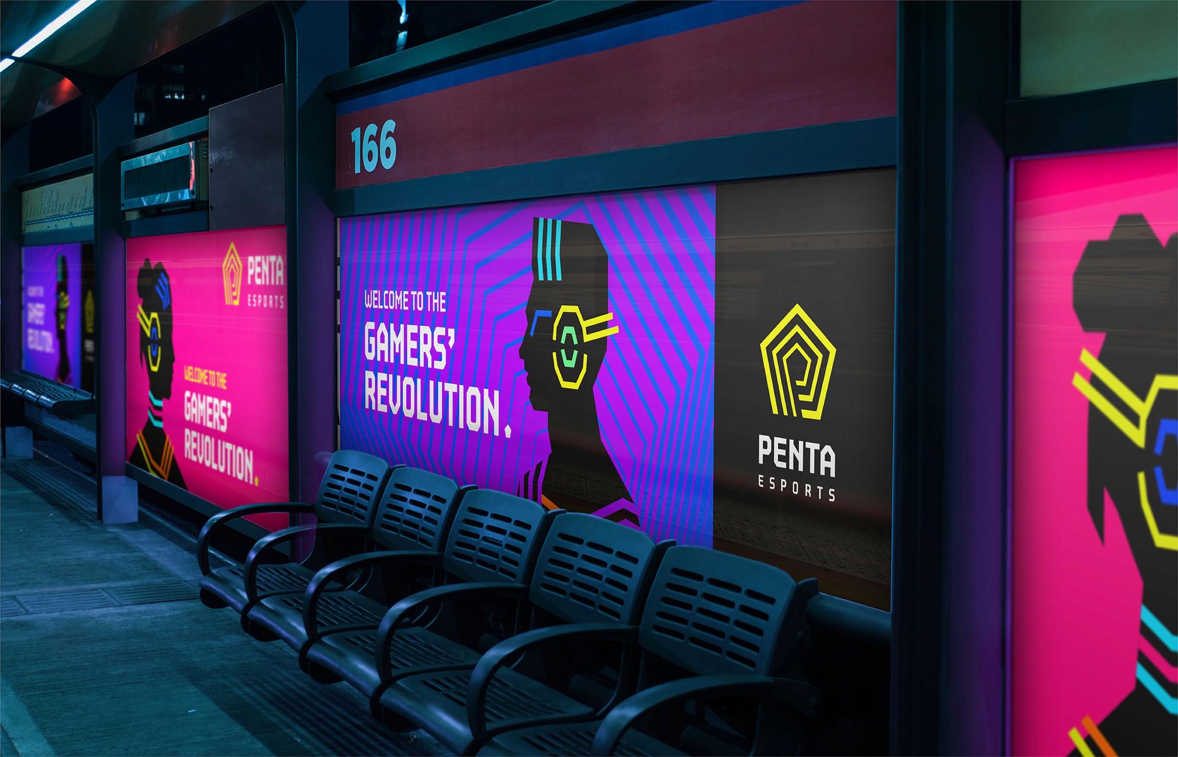Penta Esports brand logo designed by BMEG, featuring a modern "P" integrated with the number 5 and a circular radar device symbolizing gamer focus, set against a high-tech gaming aesthetic.