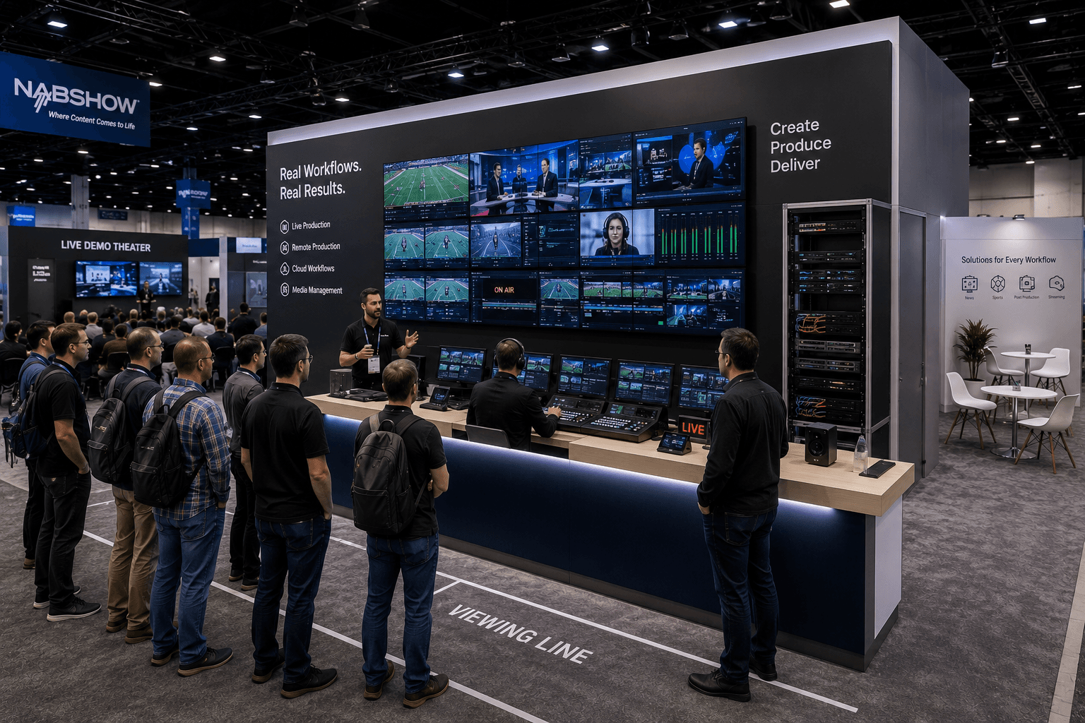 NAB Show booth layout with large screen wall, operator demo counter, controlled viewing line, AV routing, and 20x30 broadcast technology exhibit setup