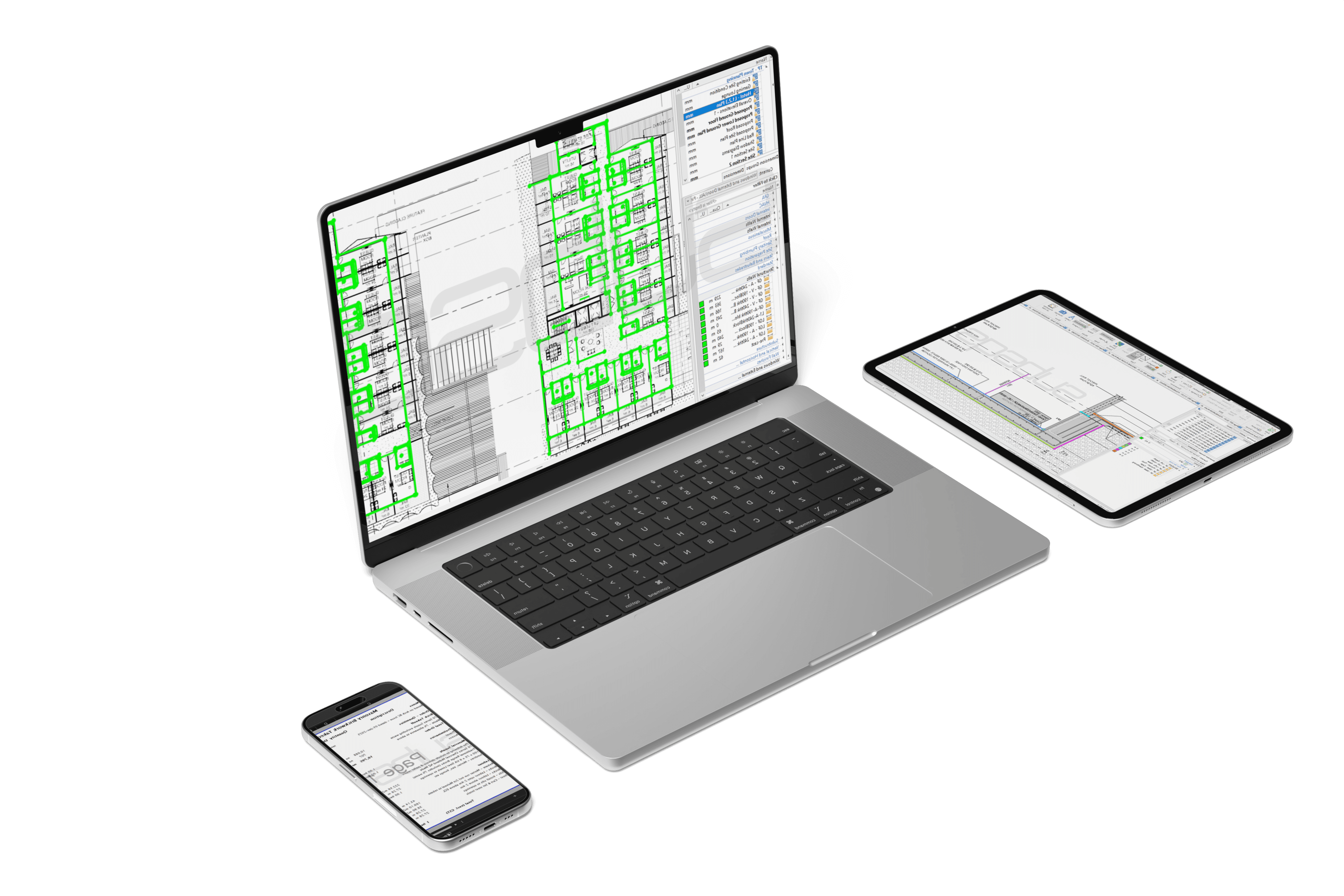 image shows a mobile phone, laptop and ipad with construction estimate screenshots by SubsQS