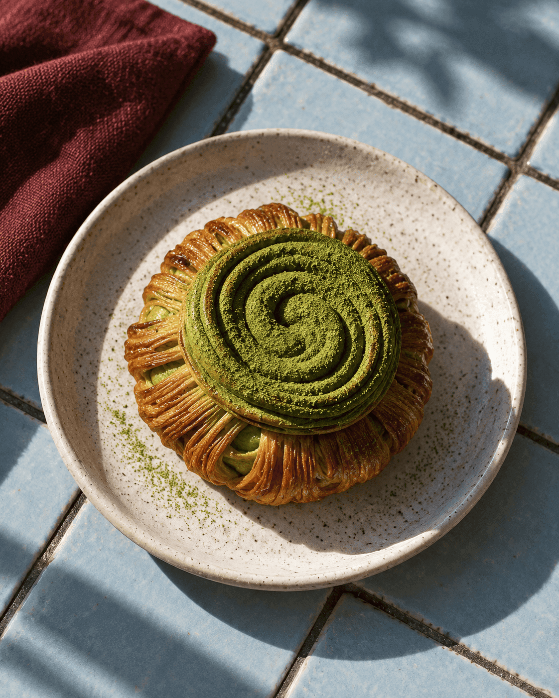 Laminated matcha swirl bun served on a ceramic plate