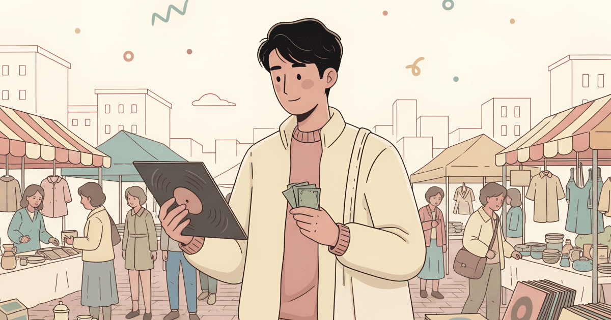 Illustrated young man at an outdoor flea market holding a vinyl record in one hand and cash bills in the other. Market stalls with clothing, ceramics, books, and more vinyl records surround him. Other shoppers browse in the background, with a city skyline behind them. Warm cream background with hand-drawn doodle marks in teal and coral. Flat painterly style, variable linework.