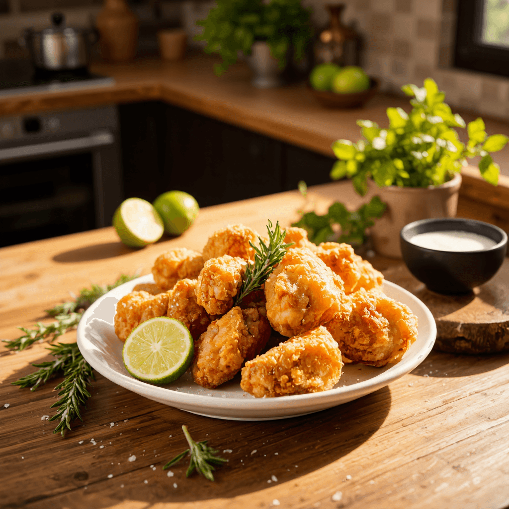 product photography of a plate of fried chicken pieces