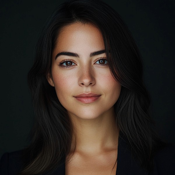 Fictional team member portrait of a woman with dark hair on dark background