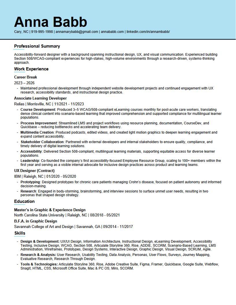 Screenshot of Anna Babb’s resume, showing work experience and skills in a traditional resume layout.