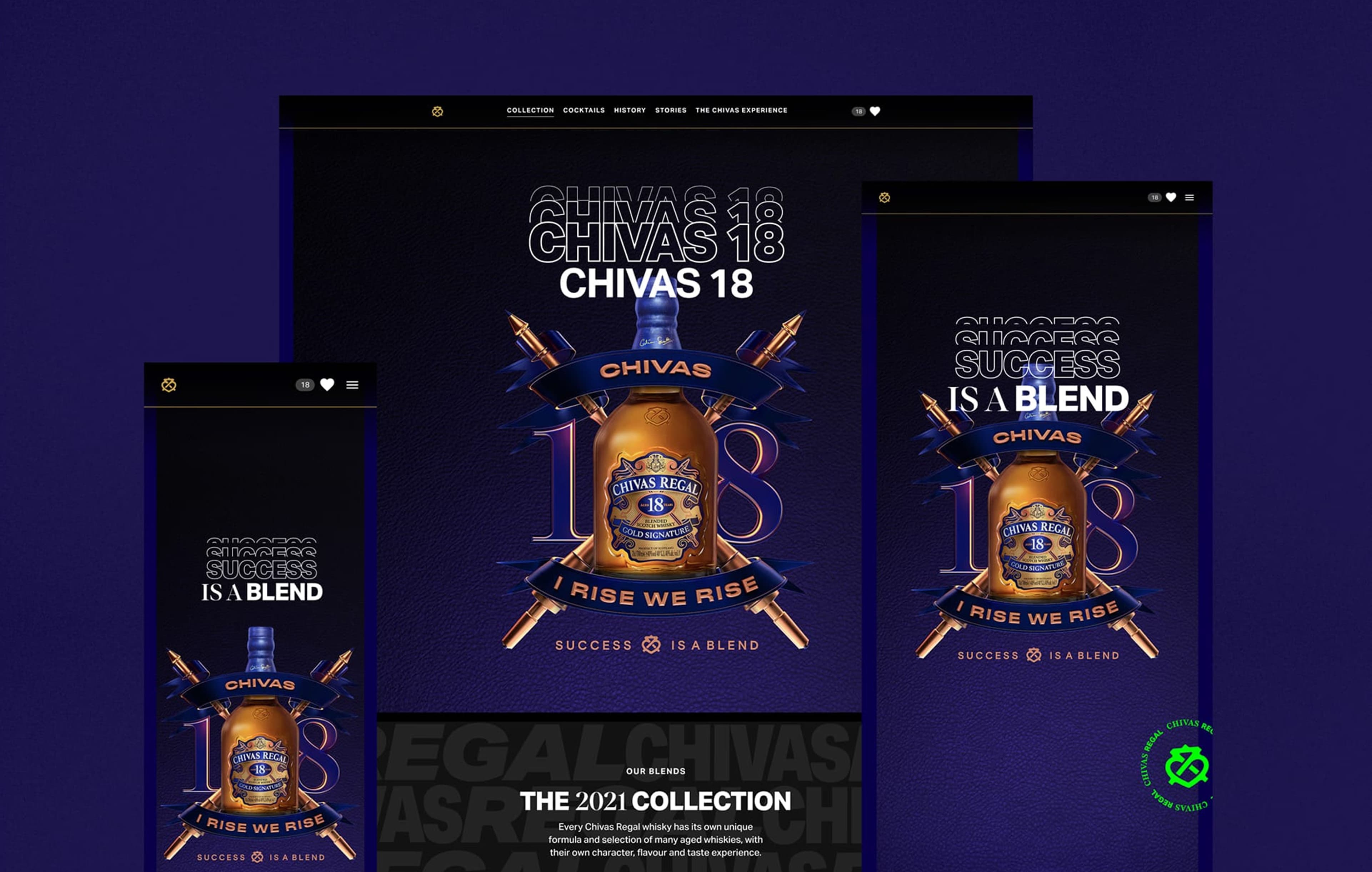 Chivas 18 'Success is a Blend' campaign landing page design displayed on desktop and mobile, featuring the signature royal blue brand palette.