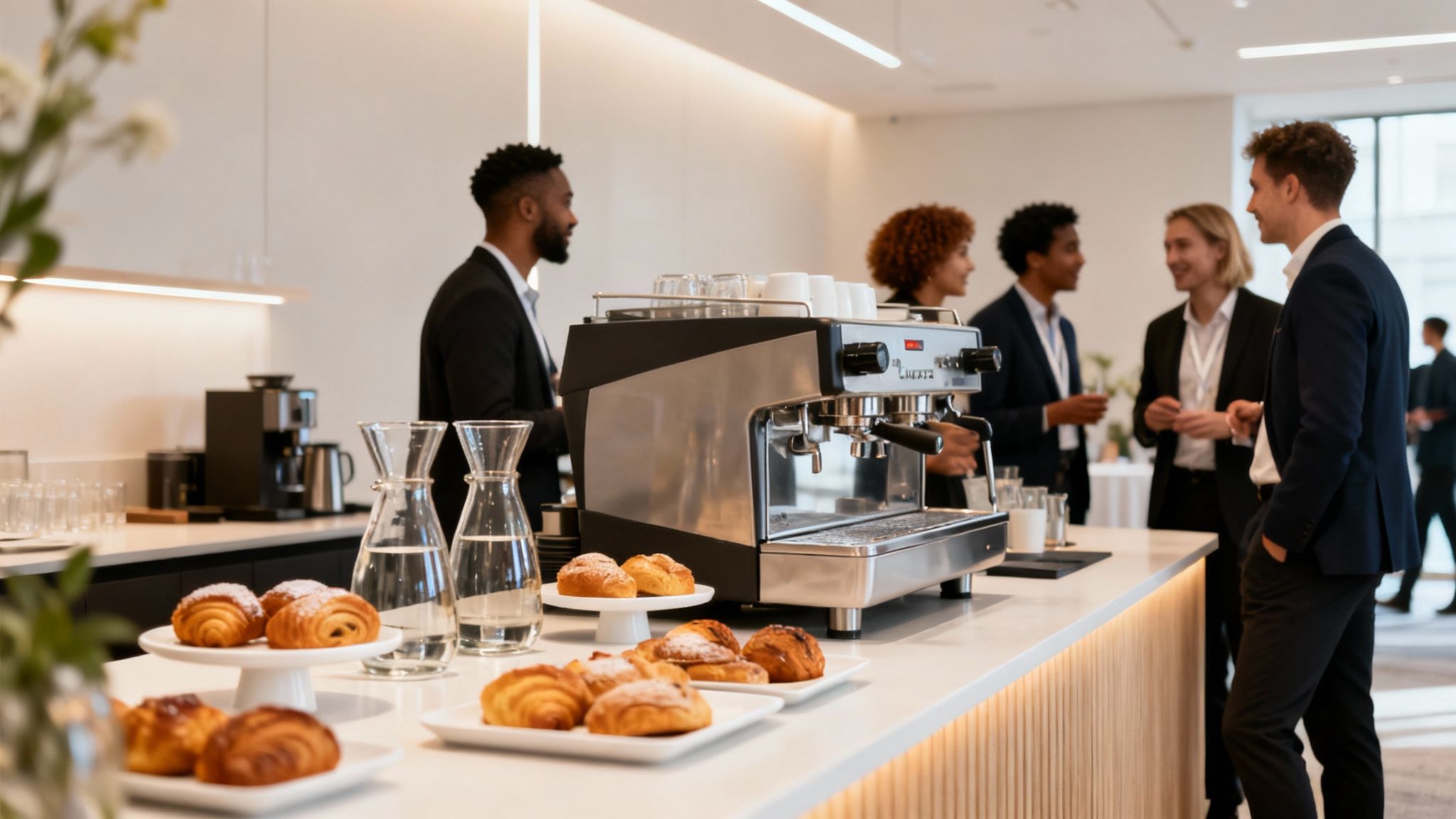 Profesionales de negocios en un evento corporativo disfrutan de un coffee break con café, agua y pasteles.