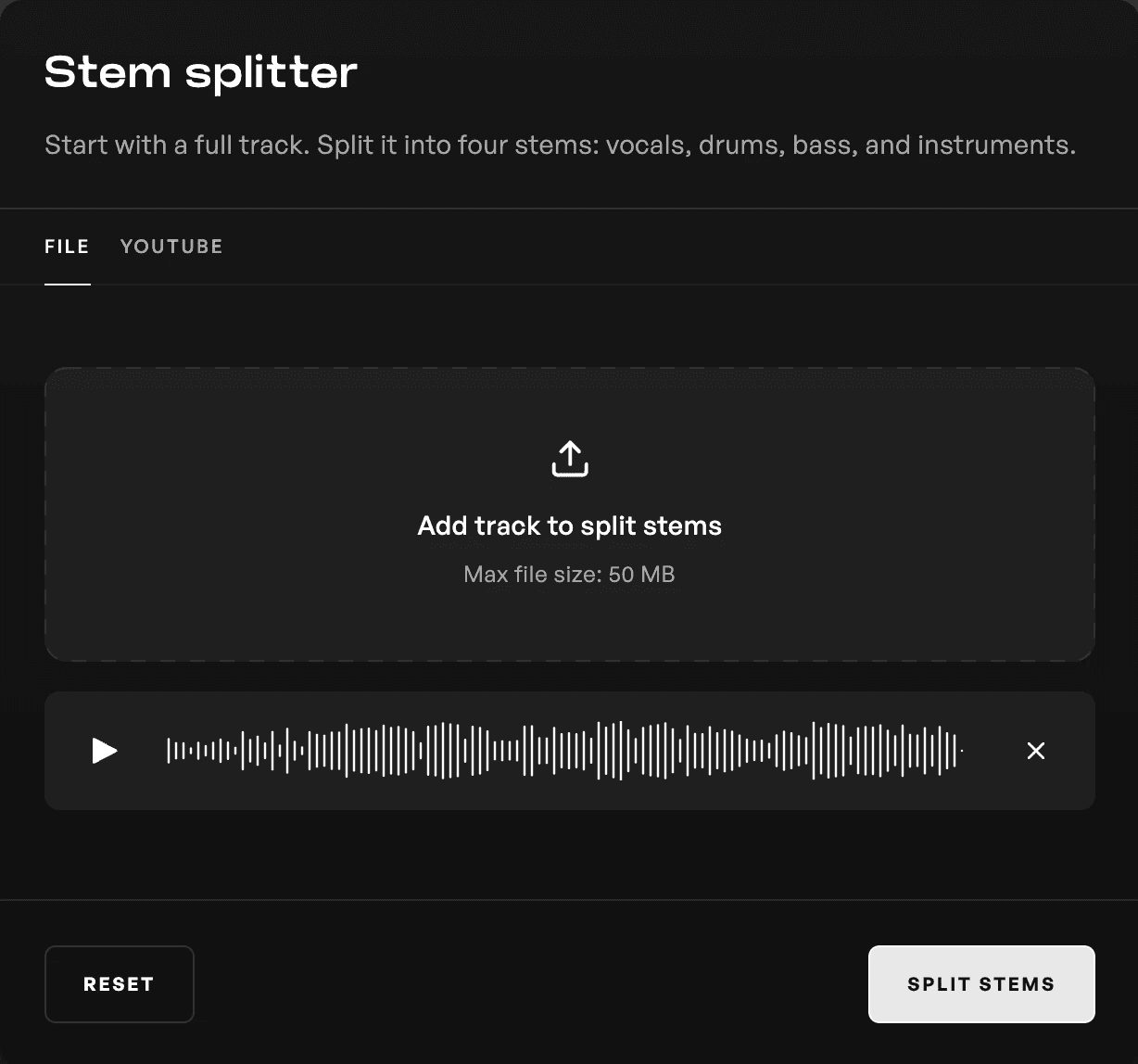 Audio track uploaded into the Kits AI stem splitter