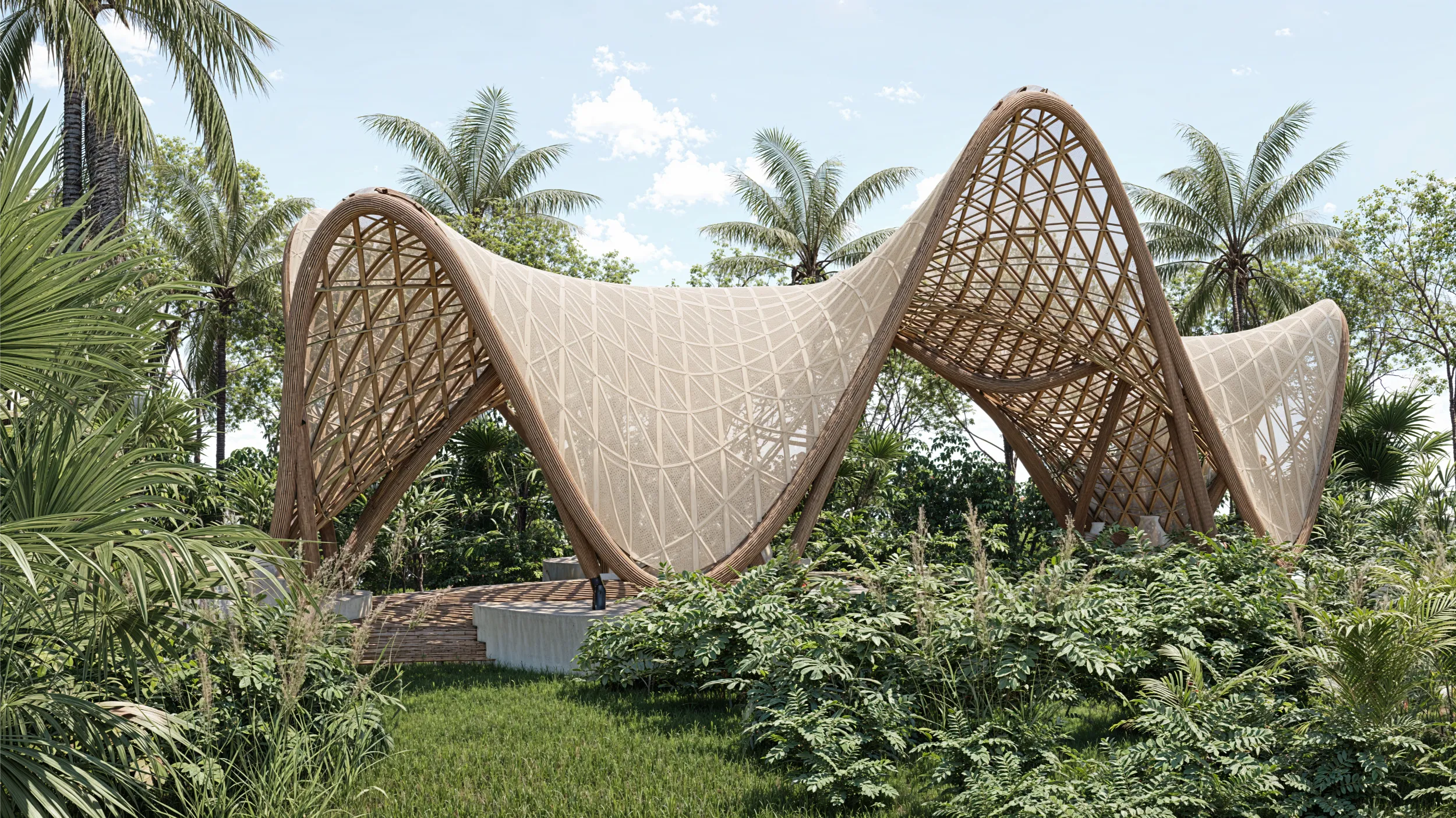 Exterior rendering of the undulating bamboo canopy designed by Arquitectura Mixta, featuring a double-grid structural system inspired by evolutionary algorithms.