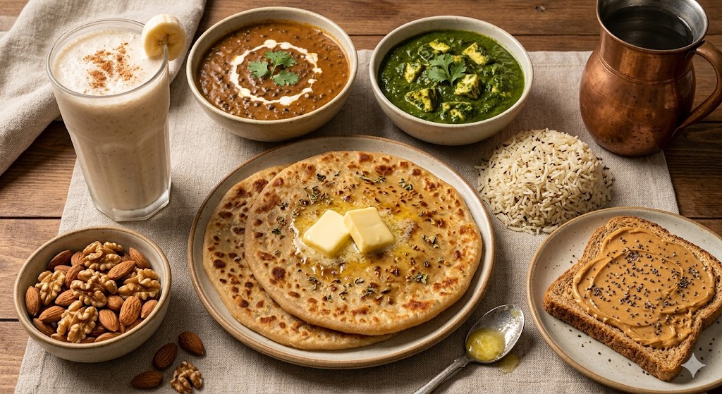 A top-down view of a varied Indian breakfast spread including butter-topped parathas, a bowl of mixed nuts, peanut butter toast with seeds, a banana smoothie, and cups of coffee.