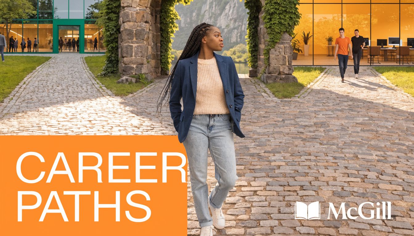 A young woman walks on a stone path between buildings with the McGill University logo displayed.