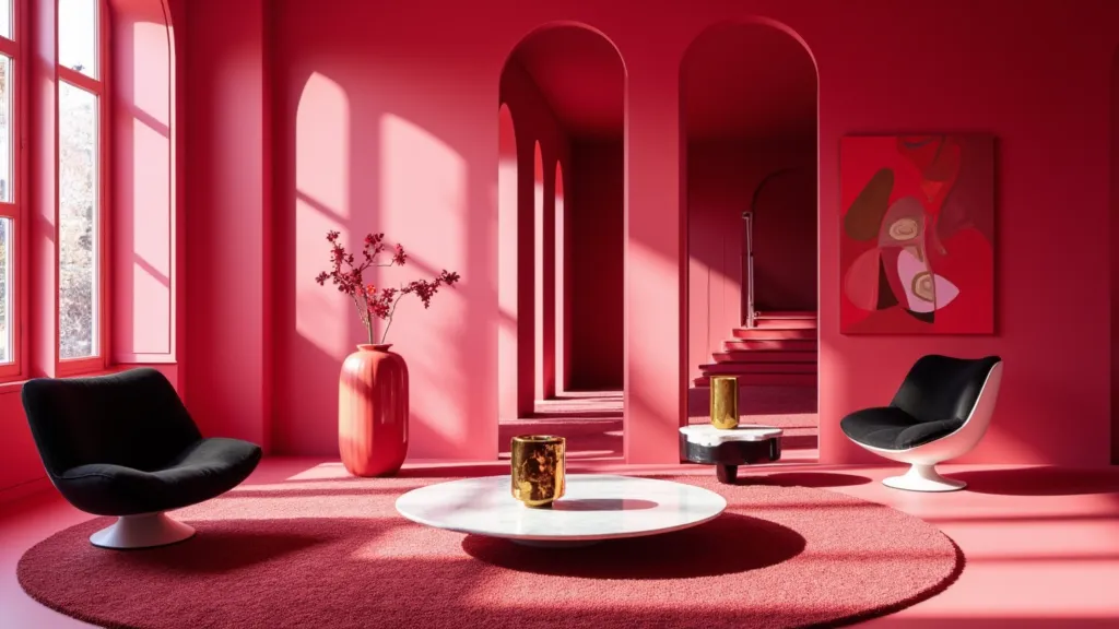 AI-generated modern minimalist interior style study, bold colour rooms, sculptural furniture, clean geometry and architectural light