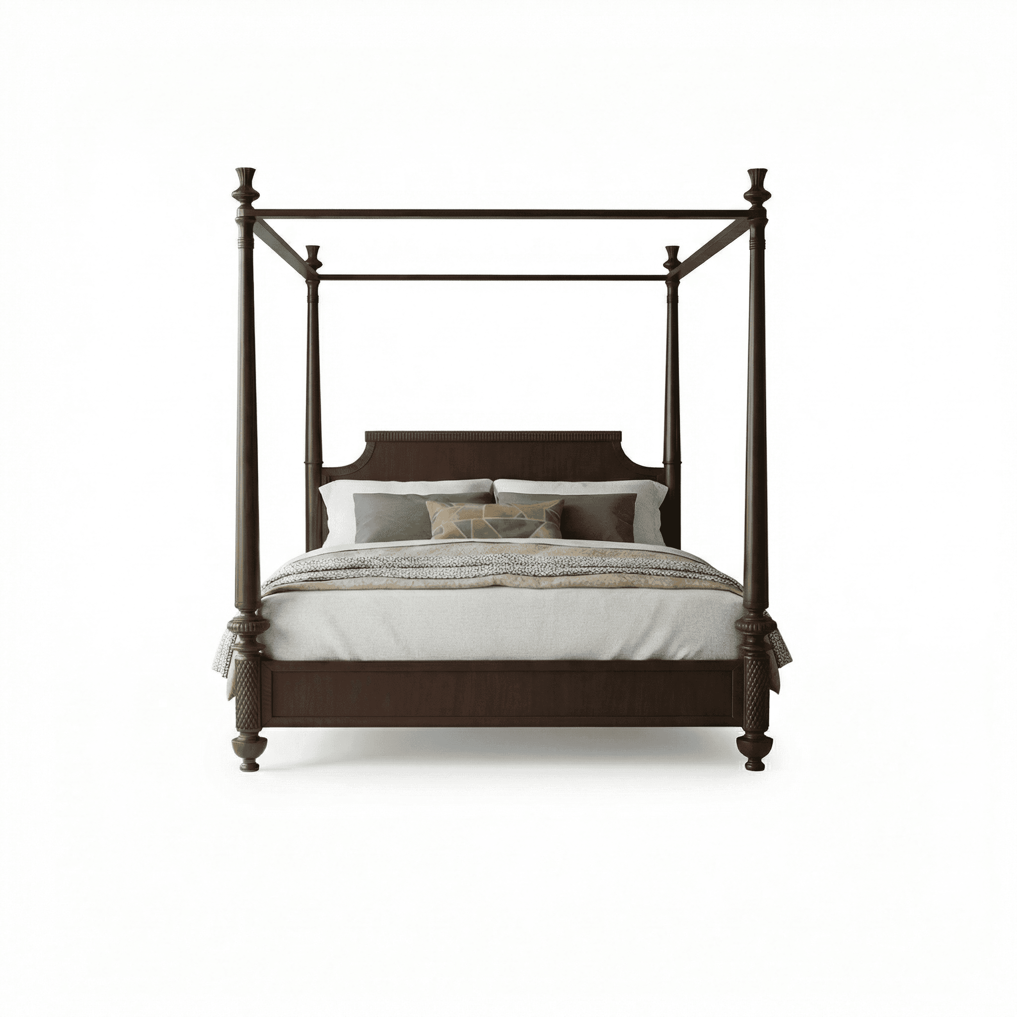Four‑poster bed with rectangular frame and balanced post spacing