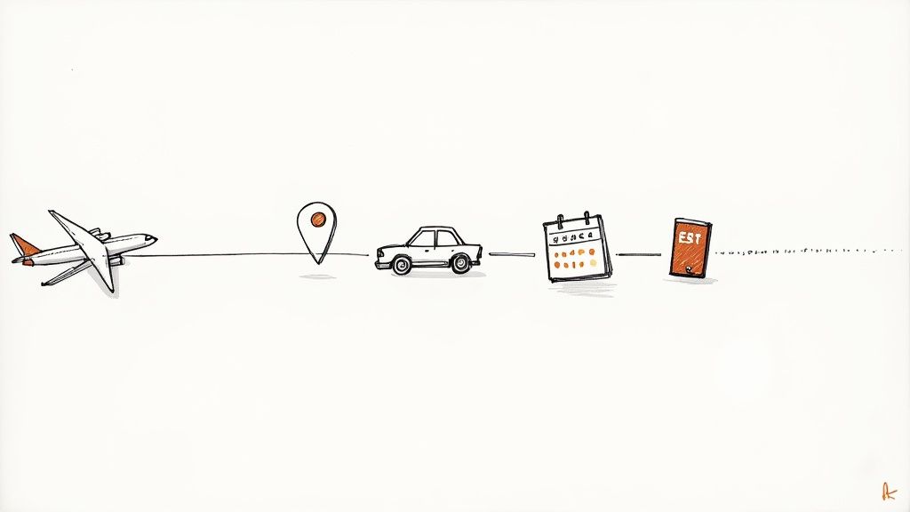 Visual workflow diagram showing airplane, location pin, car, calendar, and document representing executive assistant tasks