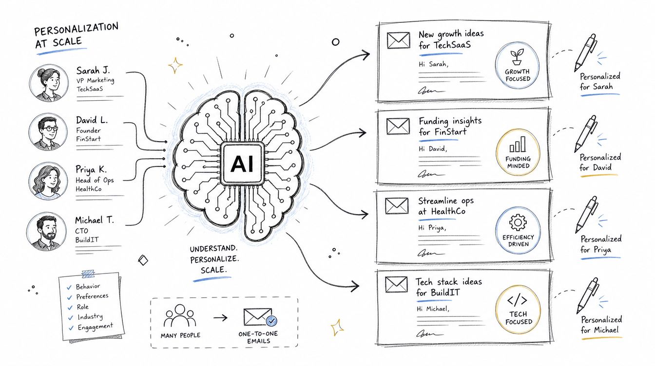 A hand-drawn diagram illustrating how artificial intelligence creates personalized emails for diverse business professionals at scale.