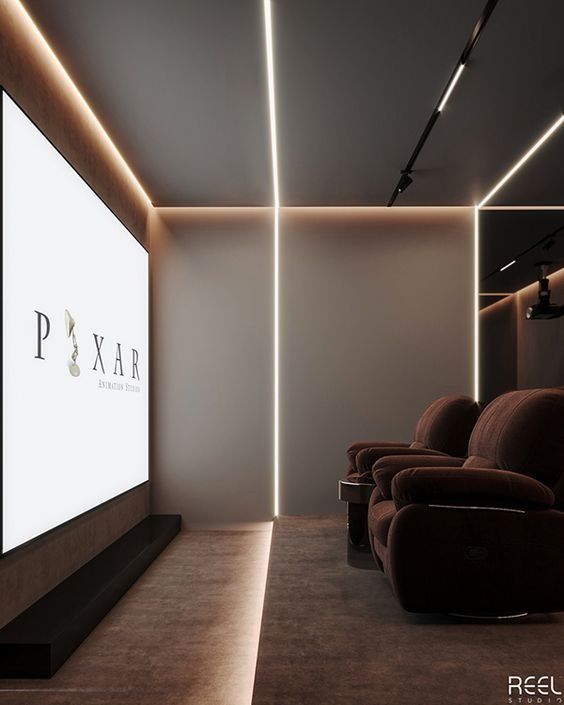 image of a home theatre with Pixar movie showing on the screen