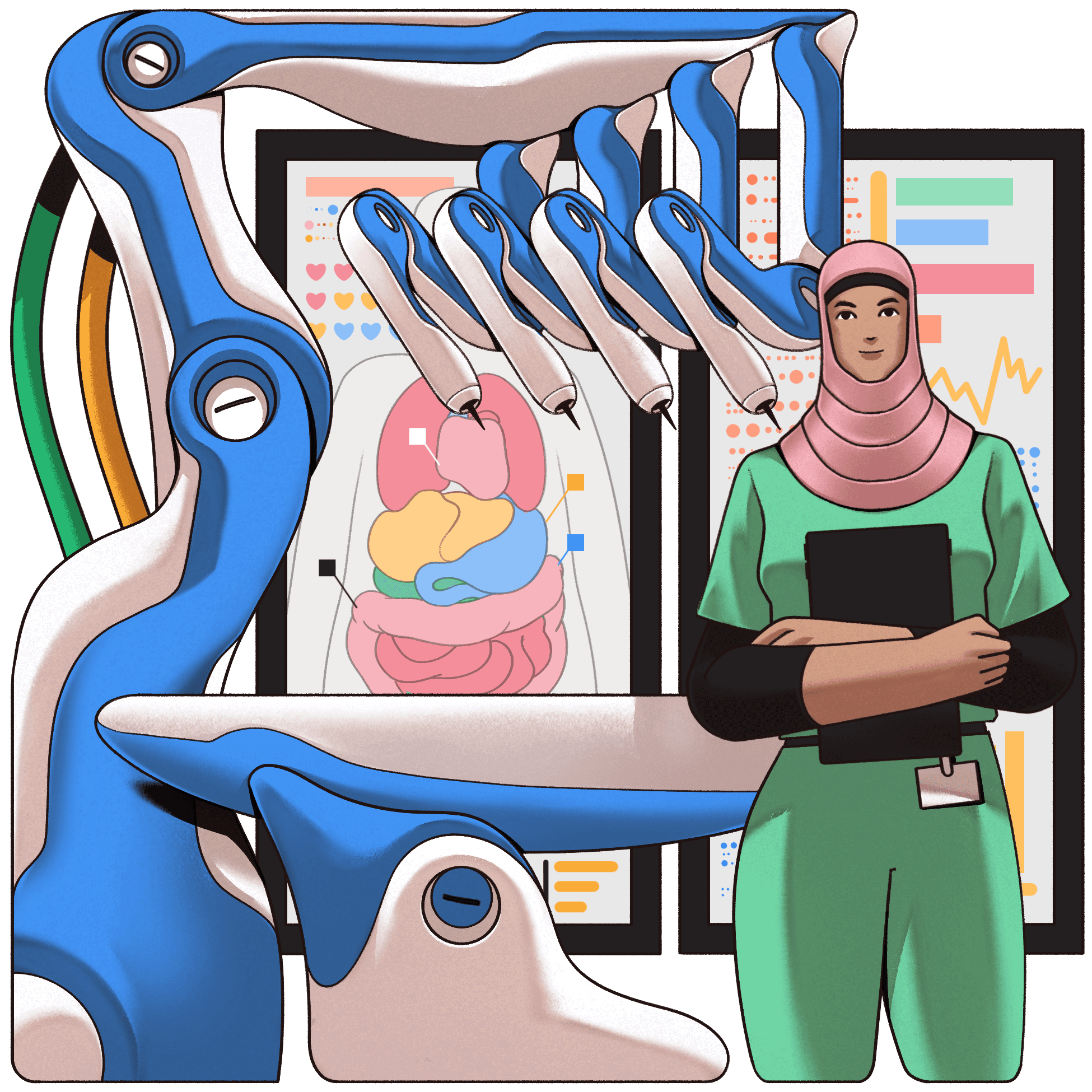 Visual depiction of a doctor in an advanced surgical environment. A robotic system with multiple arms is present, alongside state-of-the-art digital screens displaying biometric information.