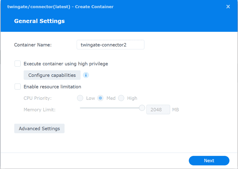 Docker container general settings