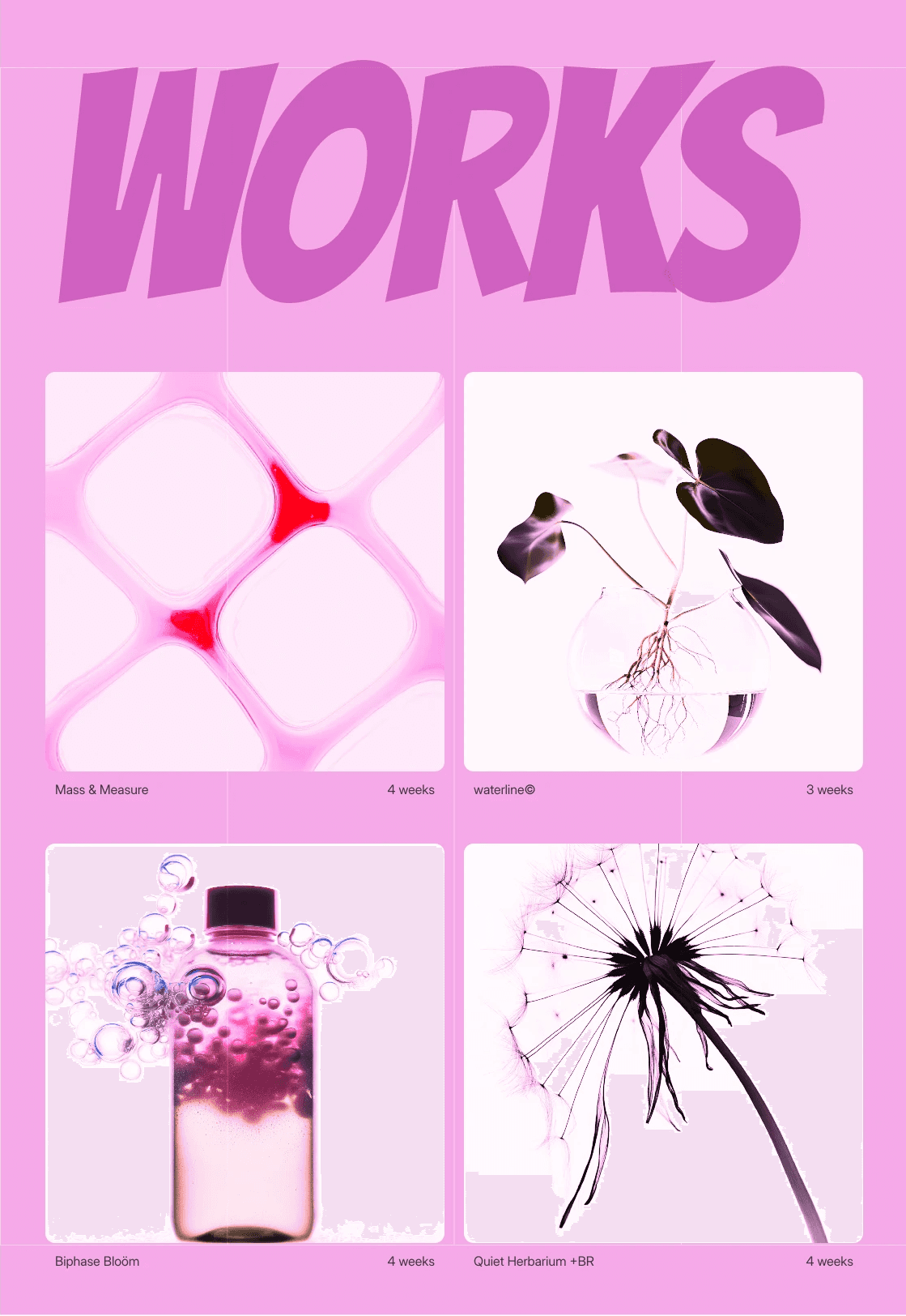 Pink portfolio works page design with bold oversized typography and four abstract visual project thumbnails