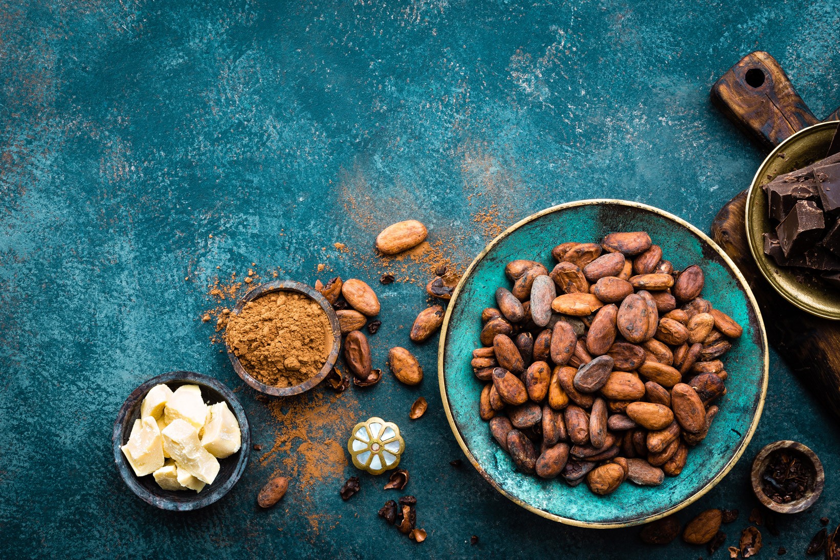 Différents produits de cacao transformé : fèves séchées , poudre et beurre