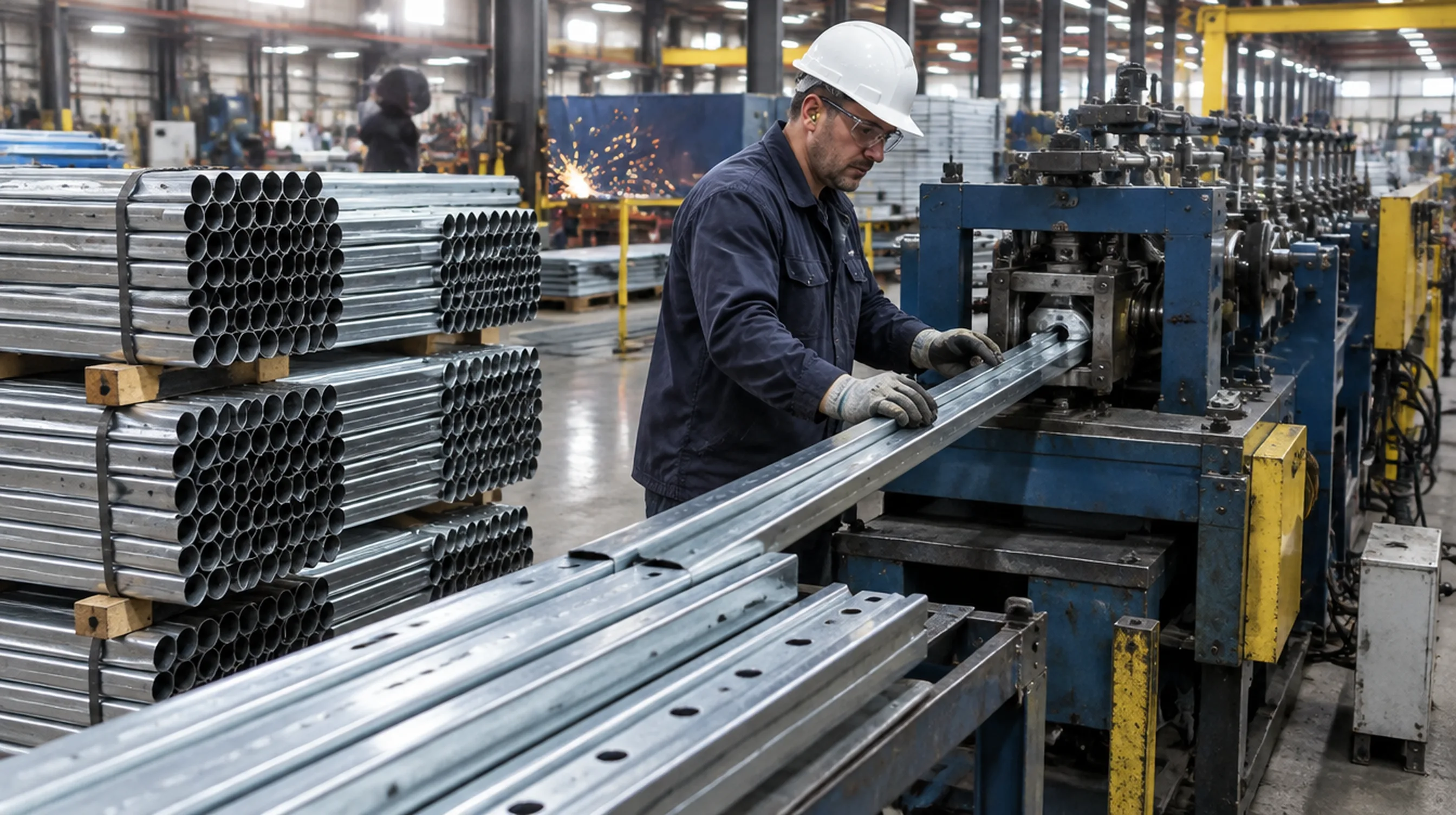 Worker inspecting galvanized steel solar racking on a U.S. factory production line