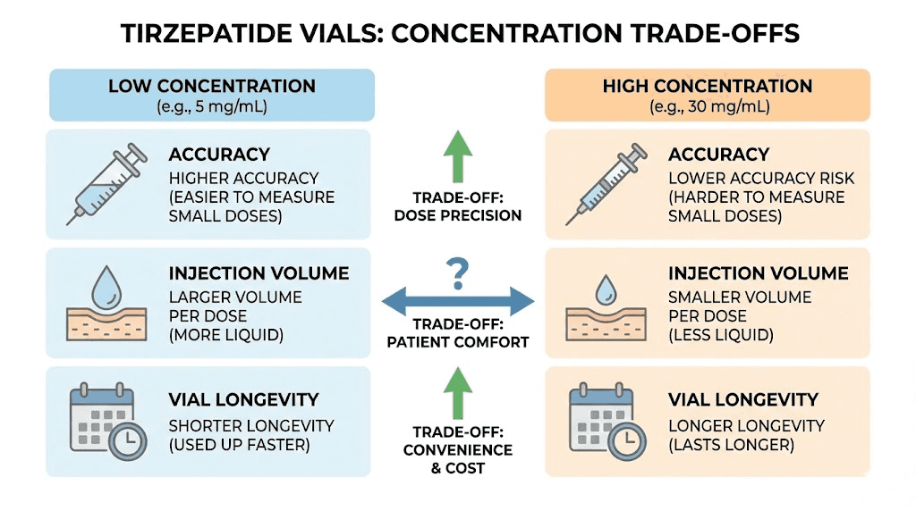 Tirzepatide concentration comparison showing accuracy vs convenience trade-offs