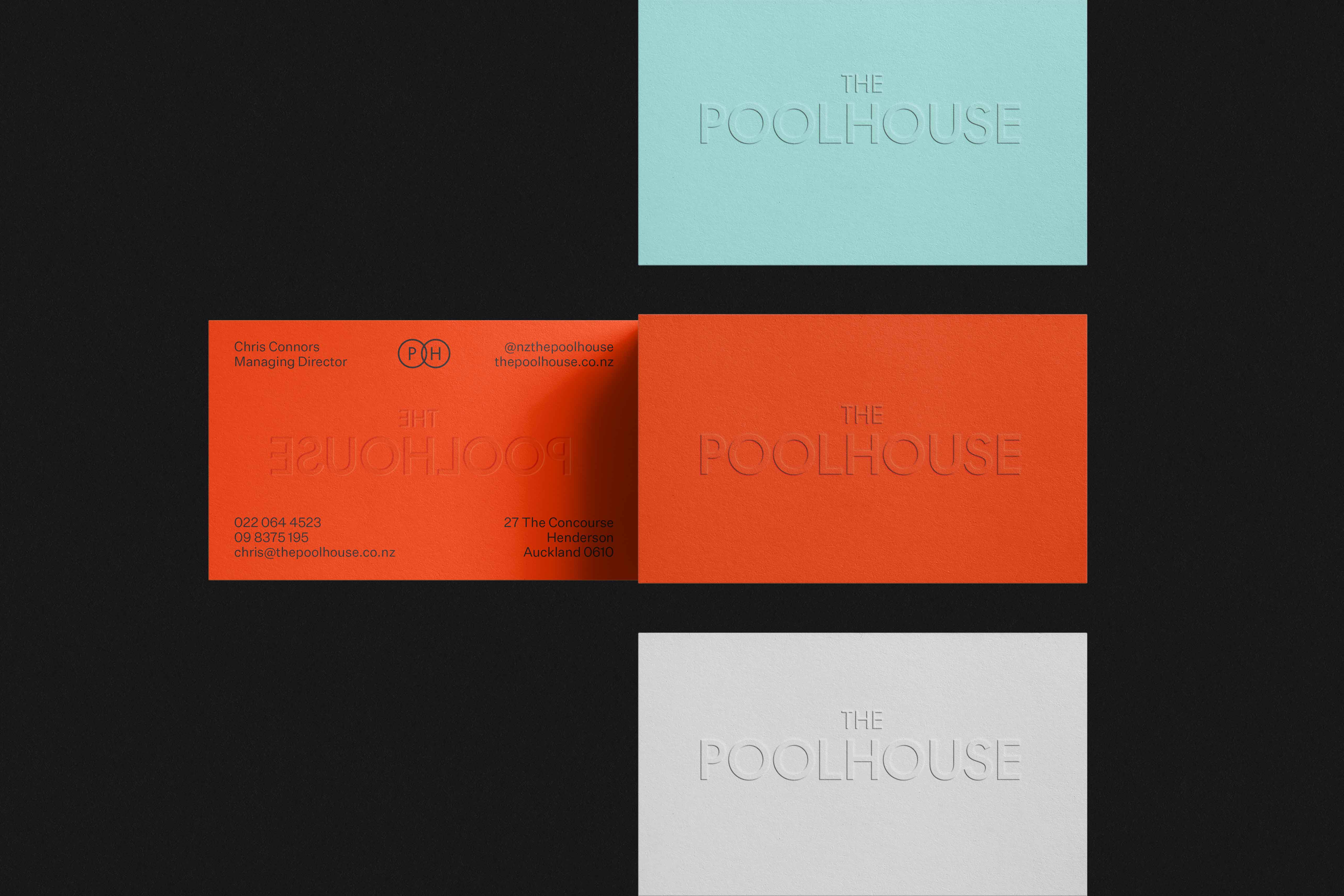 The Poolhouse Business Cards Emboss Blue Red White