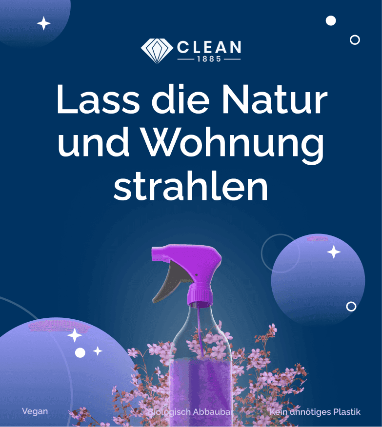 Clean 1885 dark blue social media graphic with a purple spray bottle, floral elements, and headline "Lass die Natur und Wohnung strahlen" with sustainability labels at the bottom