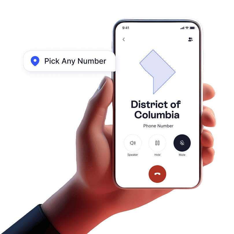 Hand holding mobile device with incoming business call from Washington, DC displayed using LinkedPhone 2nd phone number app