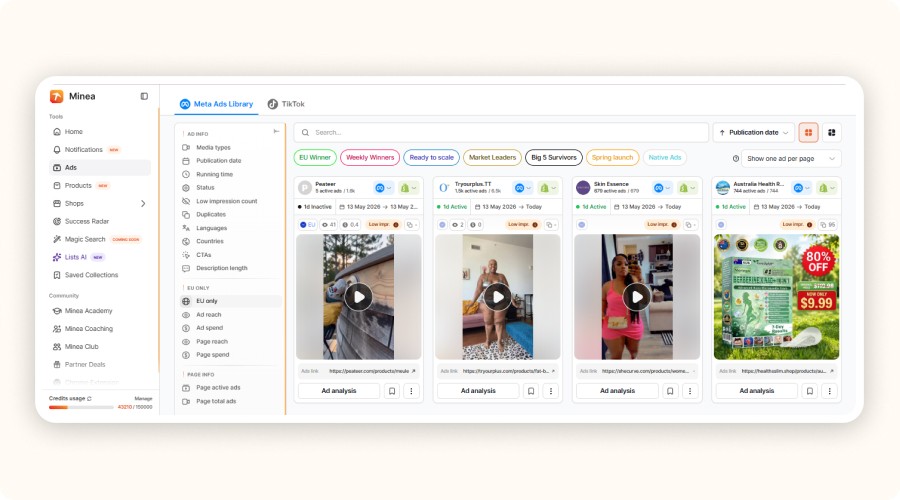 Interface Ads library de Minea