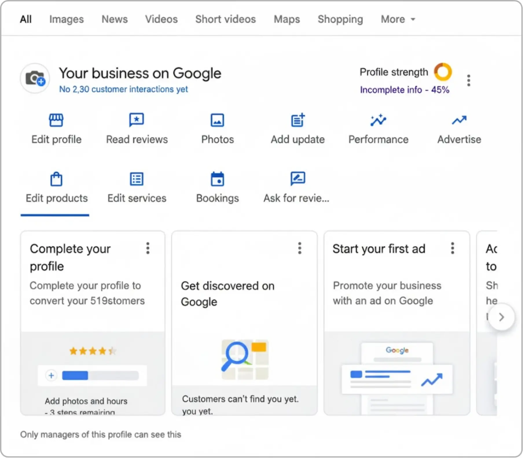 Image showing low Google Buissness Profile strength