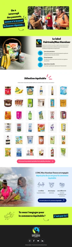 Landing page Fairtrade / Max Havelaar sur le commerce équitable.