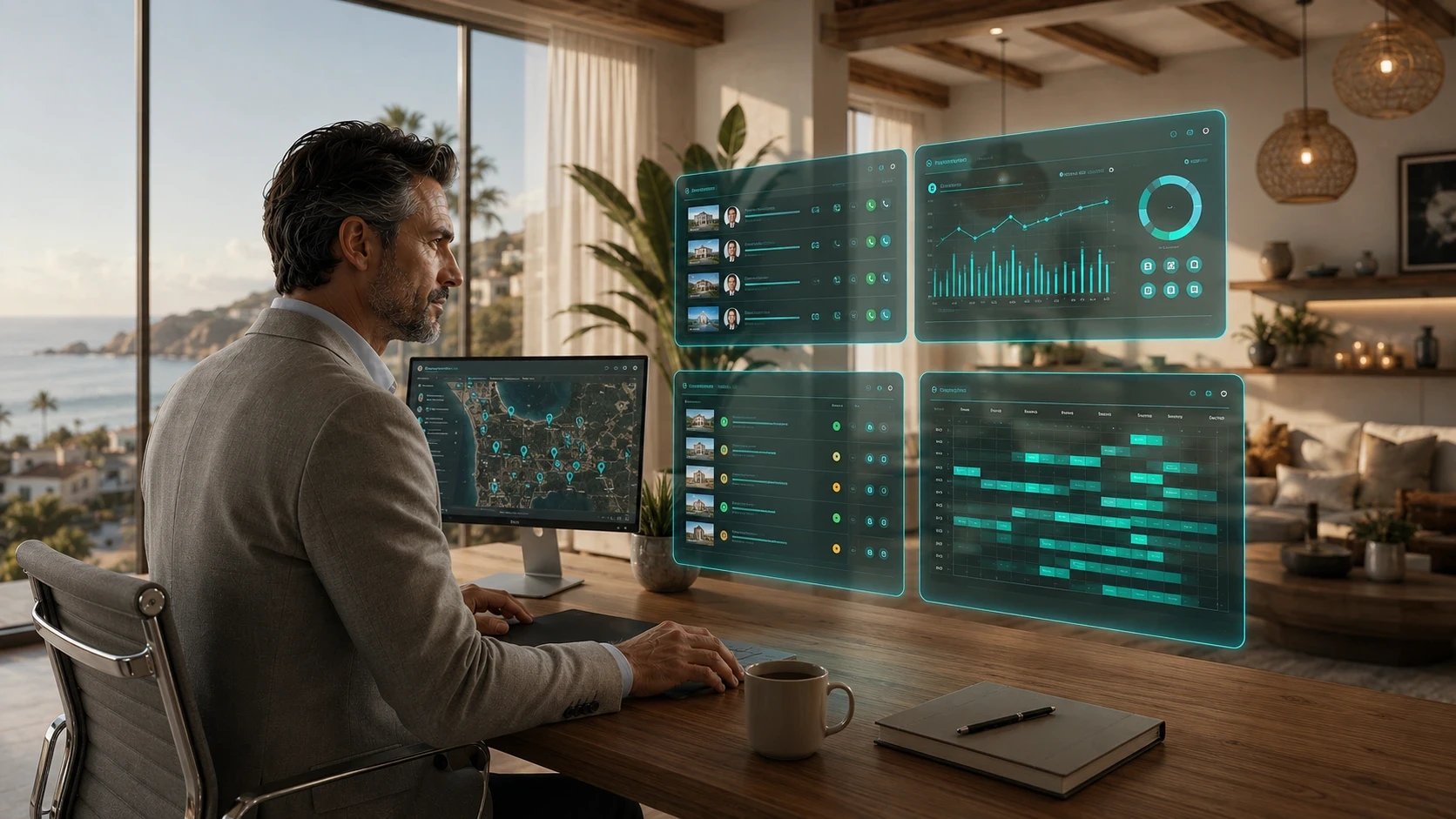 A property manager works from a modern coastal home office using an AI-powered short-term rental management platform. Transparent holographic dashboards display vacation rental listings, booking calendars, occupancy analytics, revenue performance, and property management metrics, while a desktop monitor shows an interactive map of rental locations. Large windows overlook the ocean, emphasizing the integration of AI-driven vacation rental operations with a premium remote work environment.