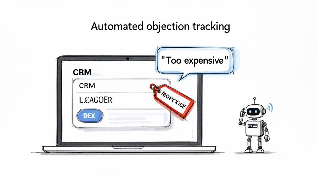 A robot automatically tracks a 'Too expensive' sales objection in a CRM system shown on a laptop.