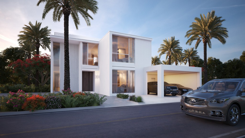  Contemporary Sidra Villa in Dubai showcasing elegant design and vibrant greenery surrounding the property.