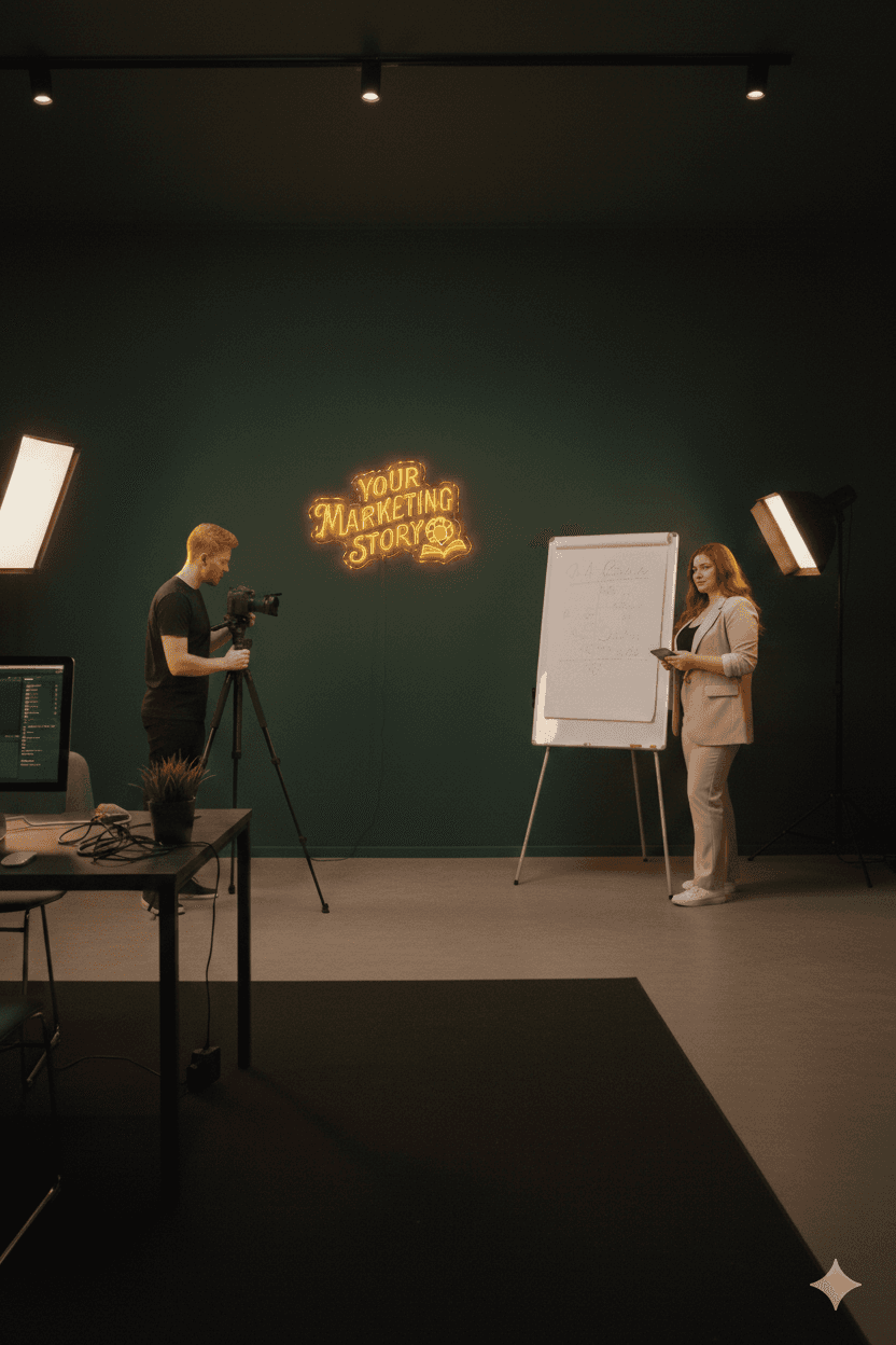 Creative marketing specialists in a modern studio featuring a glowing 'Your Marketing Story' LED logo sign and professional video production equipment.