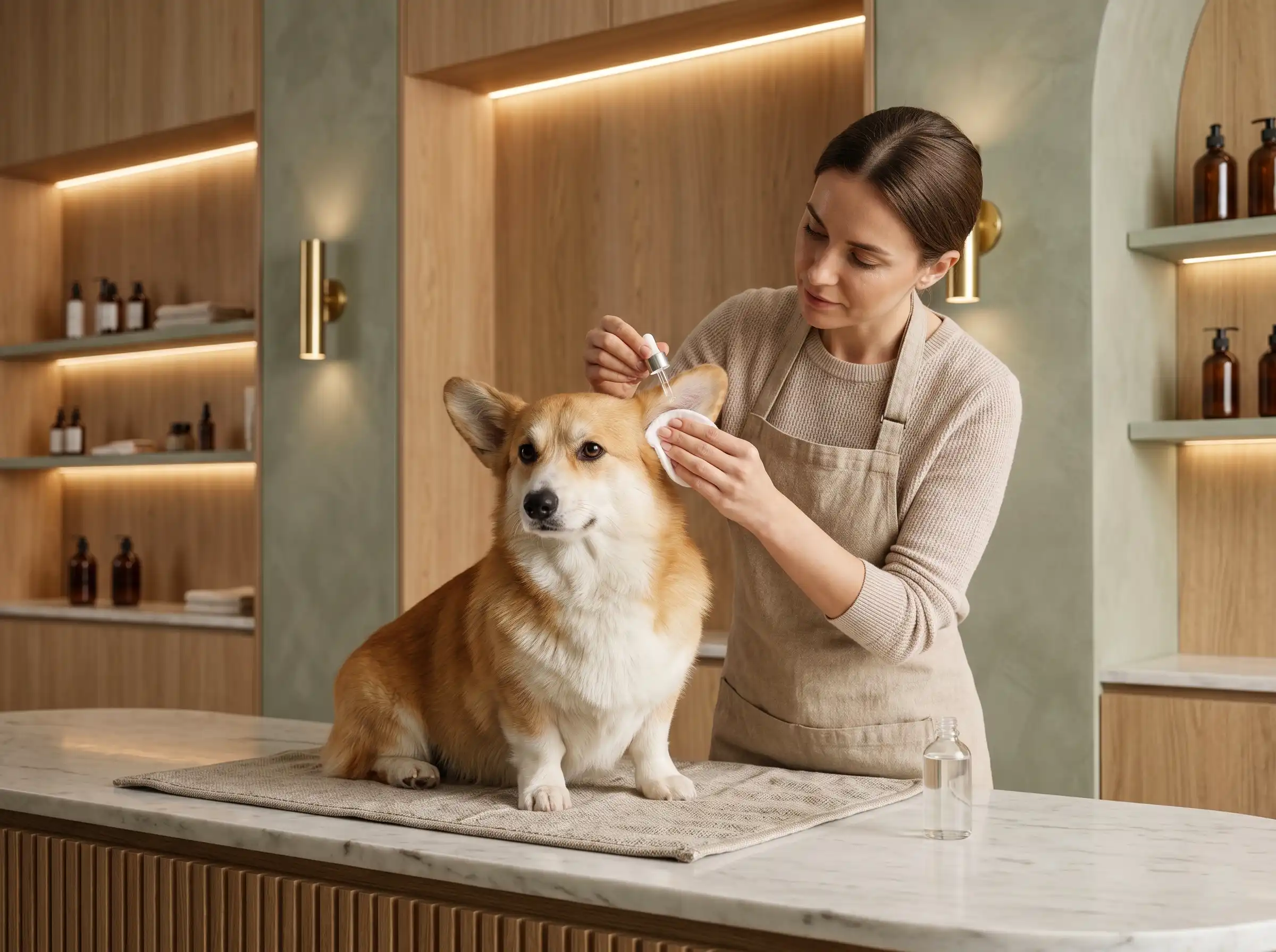 A groomer carefully cleaning a dog’s ears with a gentle technique.
