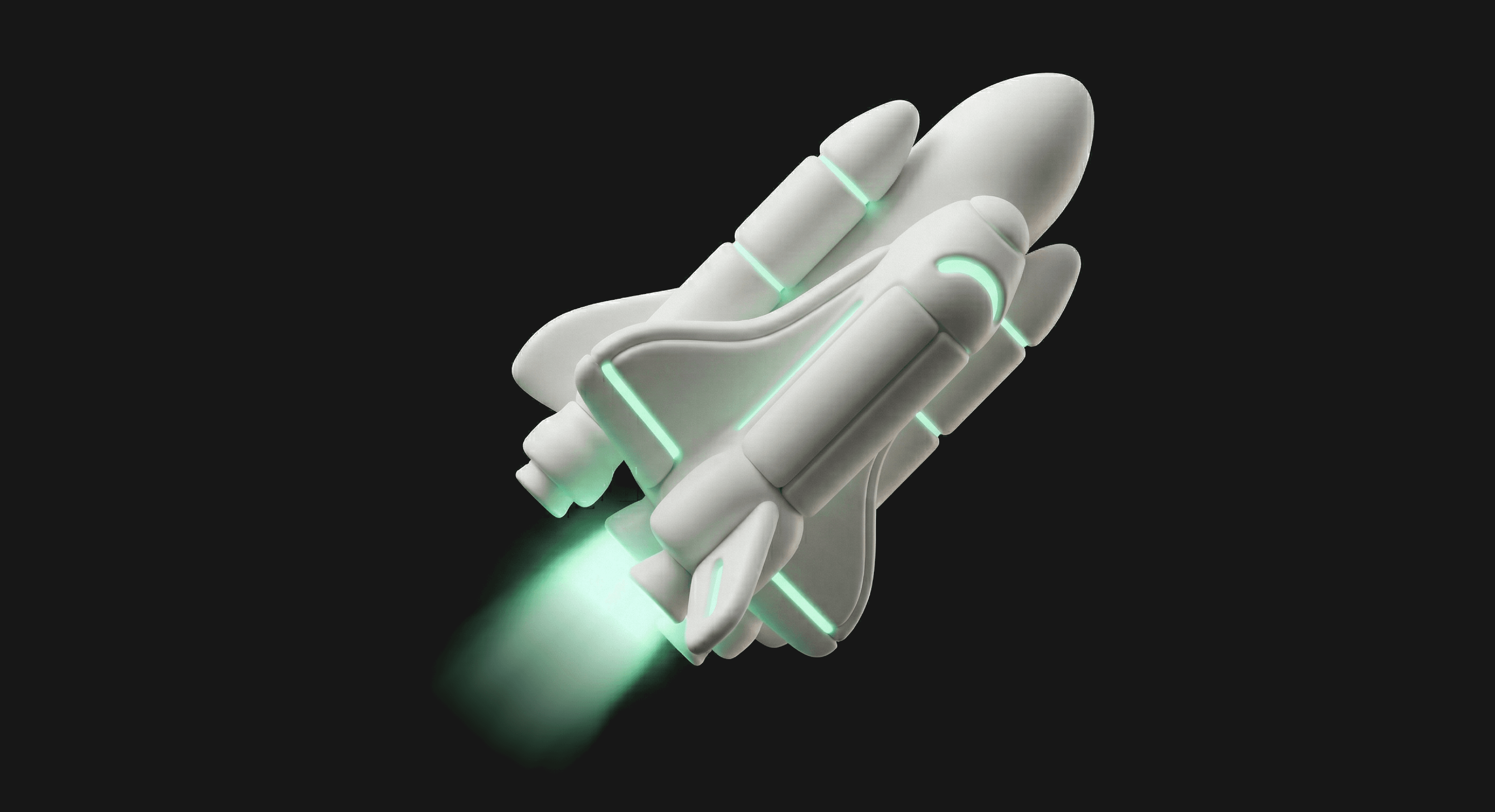 3D rendered white space shuttle icon with glowing green engine exhaust and accents, symbolizing high-velocity AI deployment and enablement.