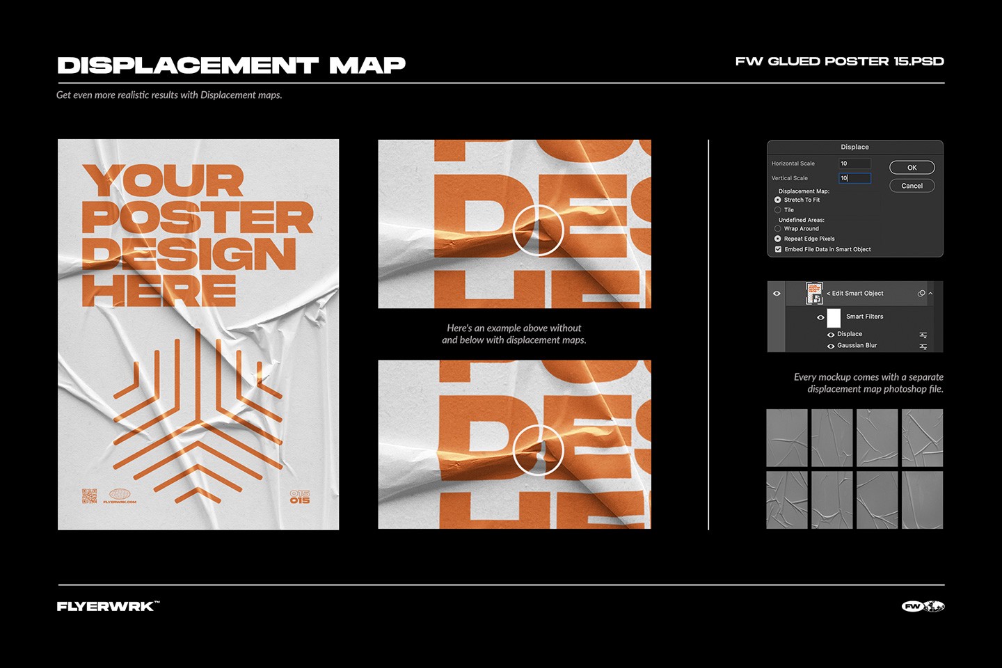 Poster design using displacement map for realistic glued poster texture distortion