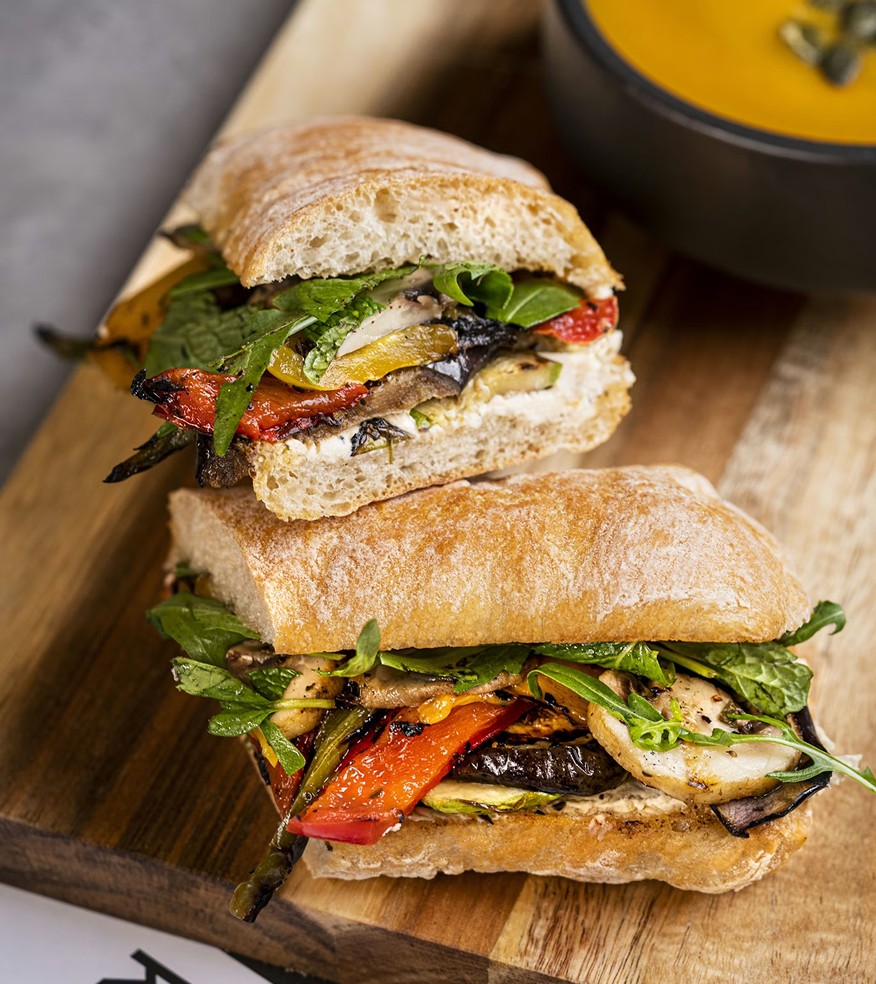 A sandwich cut in half.