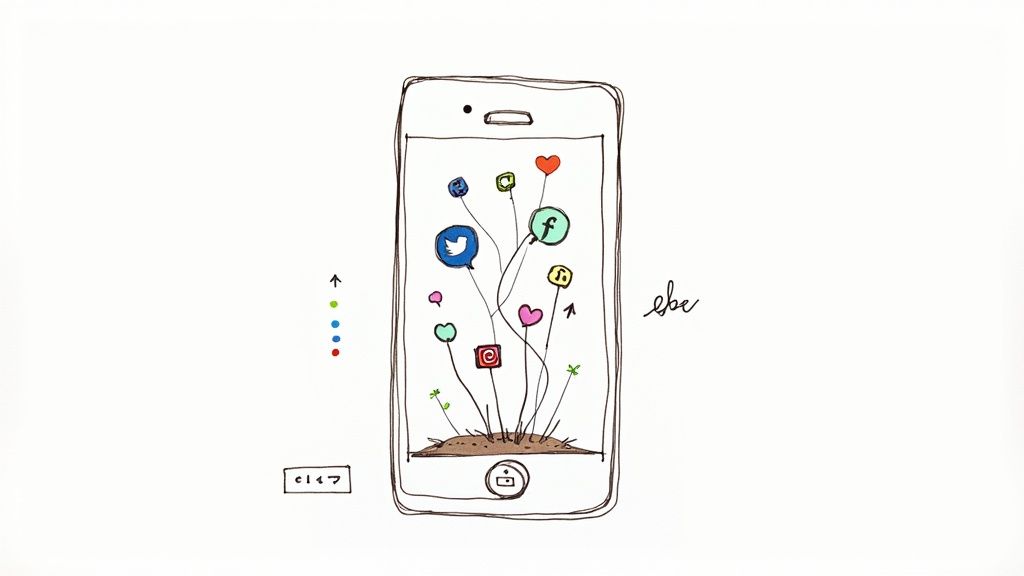 Hand-drawn smartphone with social media icons growing like plants from soil, symbolizing digital growth.