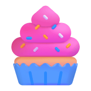 A colorful cupcake with pink frosting and sprinkles on top, sitting in a blue wrapper.