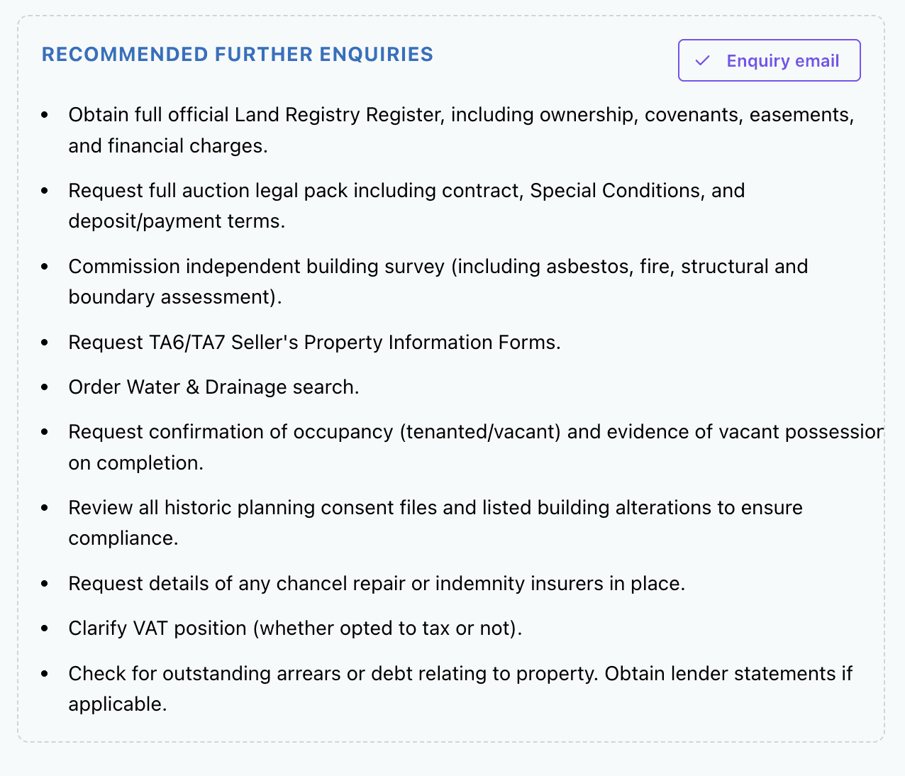 Next steps for for further enquiries, legal property pack review