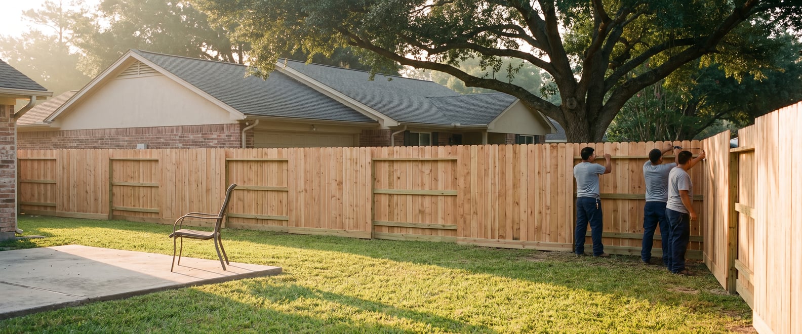 A finished six-foot cedar privacy run behind a brick ranch house, three installers driving the last pickets in warm late sun.