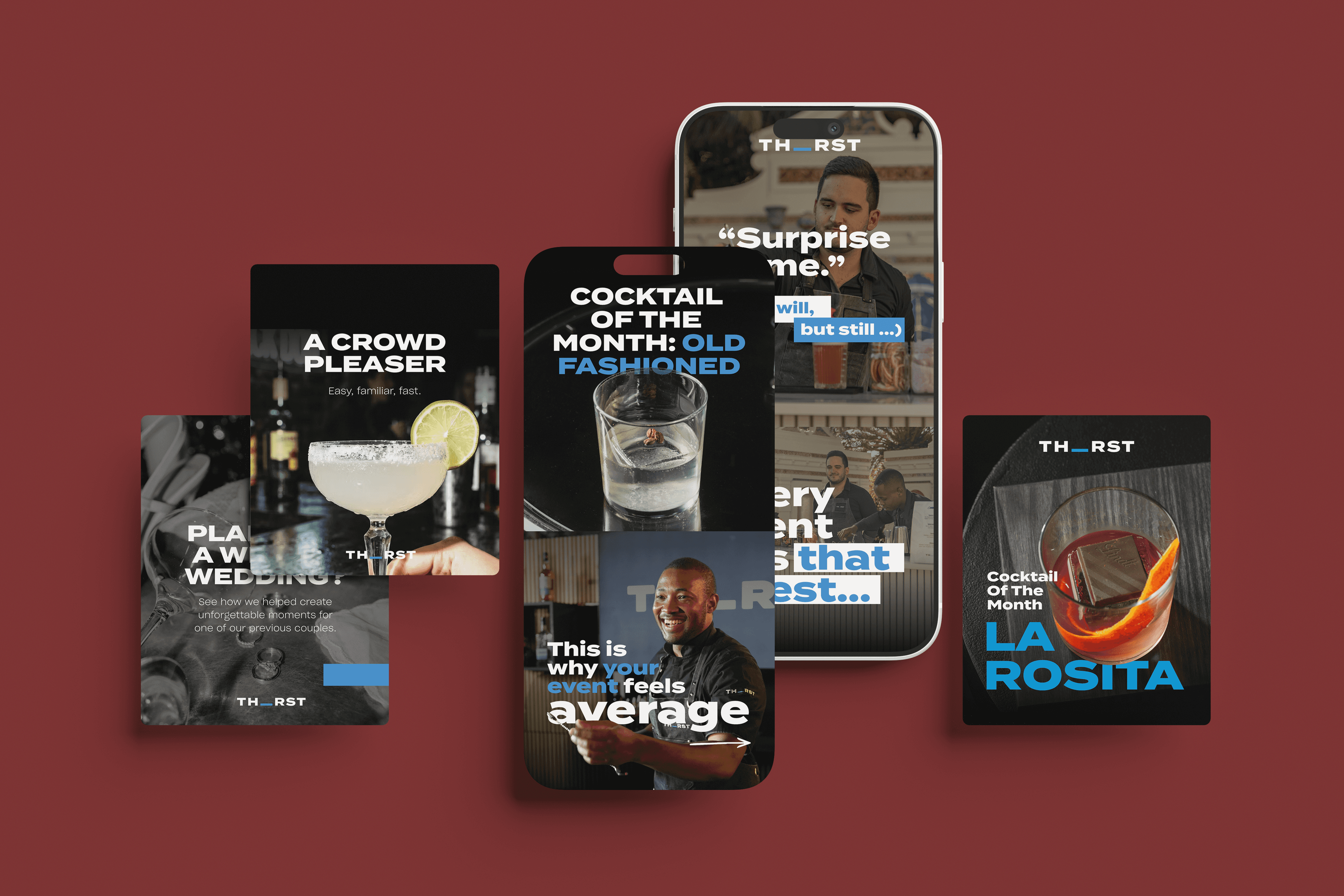 Dark, punchy, and full of personality. A mobile bar brand that needs social content that is confident with bold type, strong photography, and a tone that is direct without taking itself too seriously.