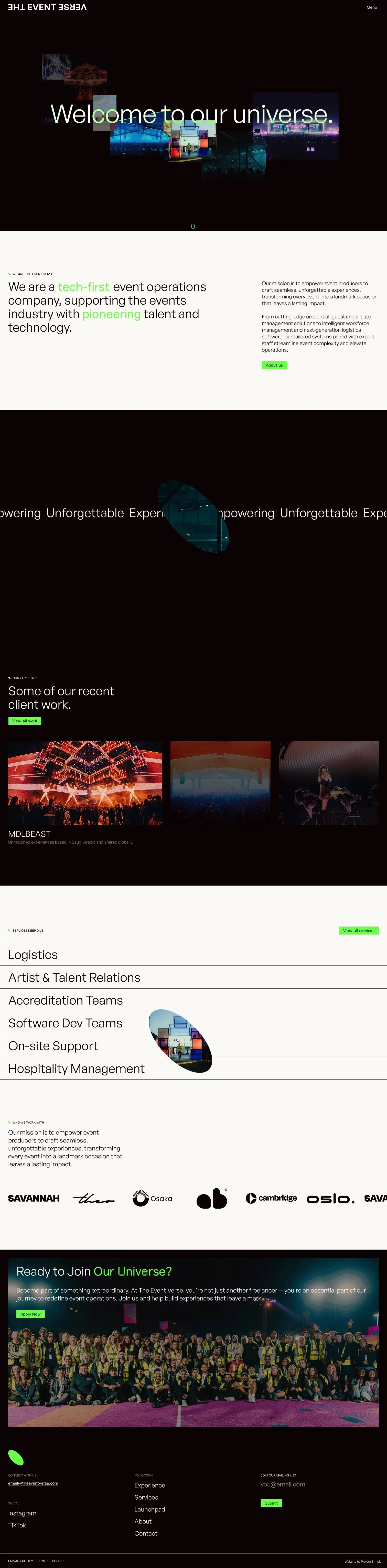 The Event Verse other page screenshot showcasing Event and Tech design