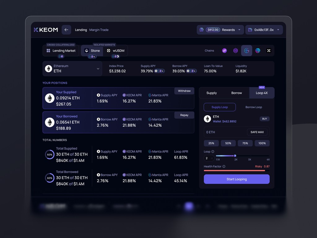 Lending dashboard on KEOM displaying ETH market stats, loop settings, and dark UI performance metrics
